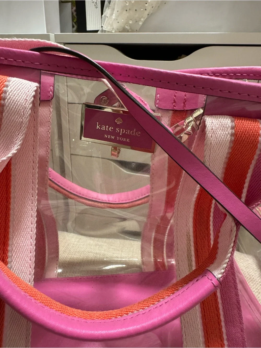 Kate Spade Clear Tote Bag with Pink Trim and Striped Strap
